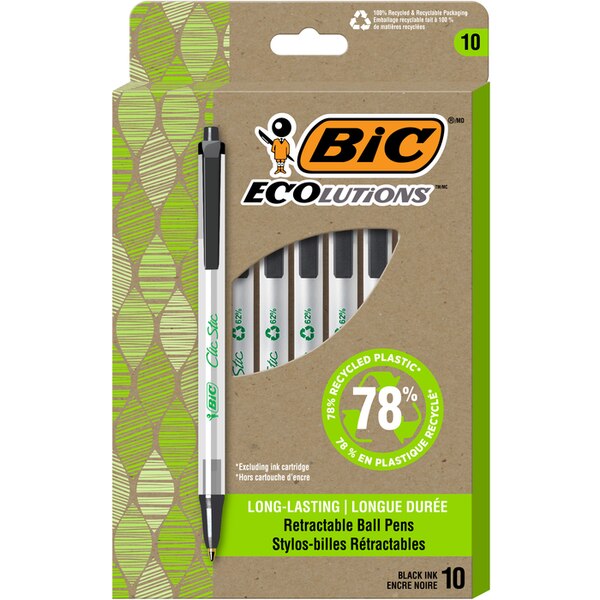 BIC ECOlutions Recycled Clic Stic Retractable Ballpoint Pen - Black 1.0mm 10Pk BP